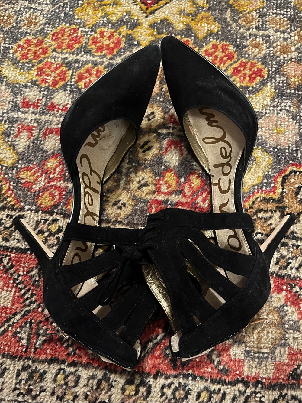 Sam Edelman Black Suede Pointed-Toe Lace-Up D'Orsay Heels